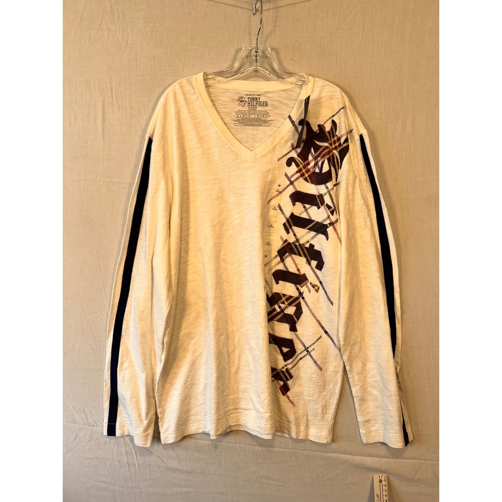 Tommy Hilfiger Mens XL White Long Sleeve V-Neck Trim Fit Graphic T-Shirt 3444